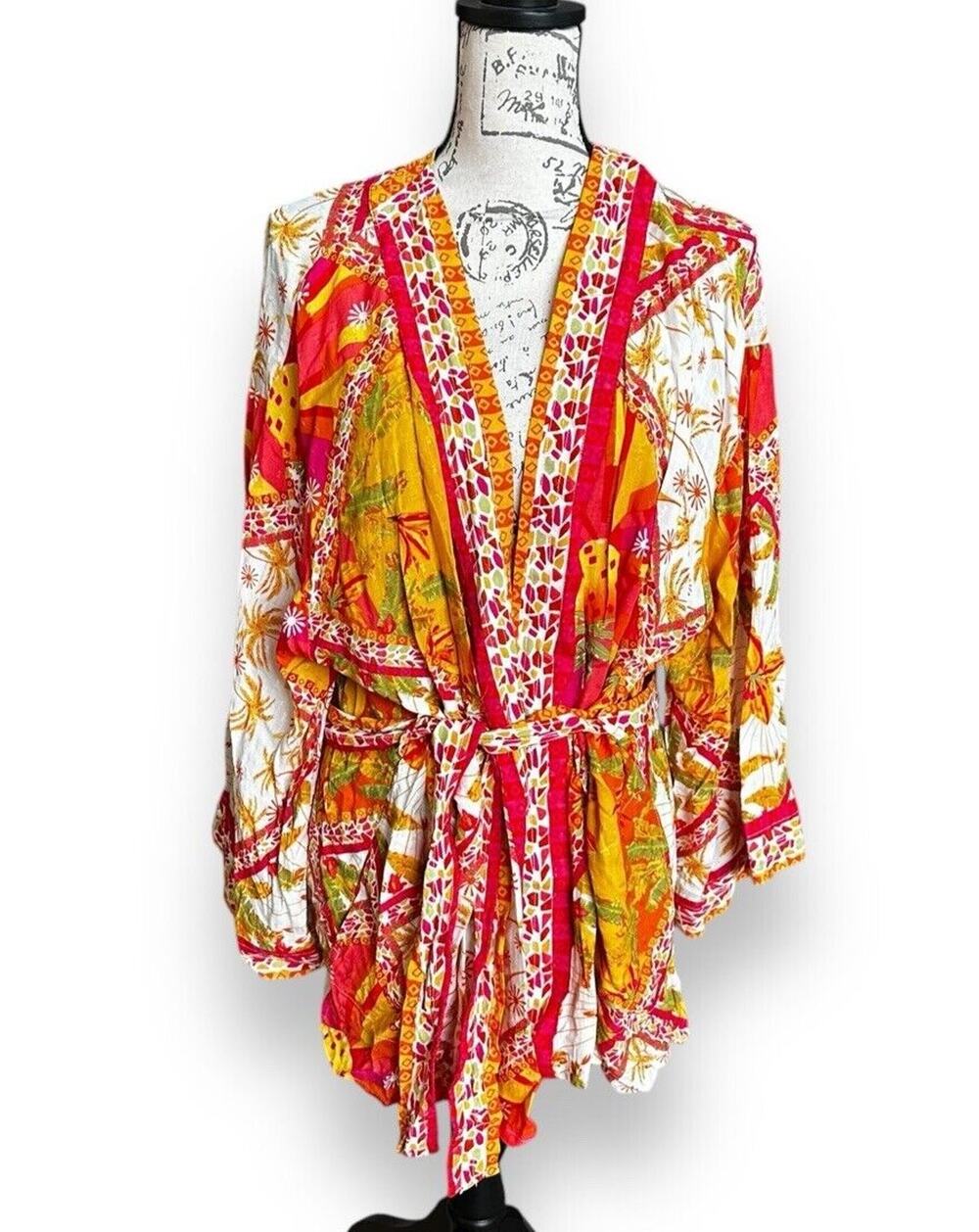 Haute Hippie Tropical Pineapple Print Belted Kimono Cardigan Large